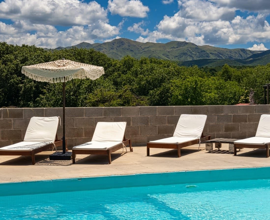 La piscina con reposeras y las sierras